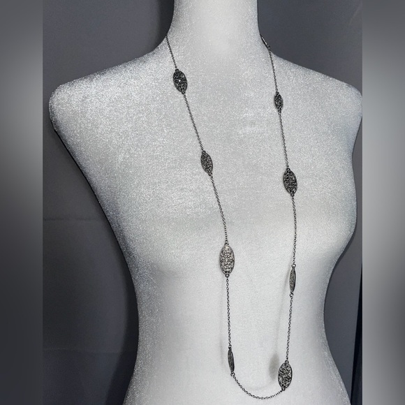 Long Filigree Marcasite Style Oval Link Necklace | 36” Adjustable Silver Tone - Picture 1 of 5